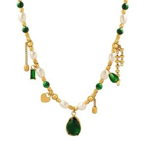 Green CZ and Freshwater Pearl Beaded Necklace Stainless Steel